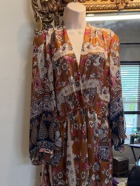 Umgee USA Boho Floral Long Sleeve Maxi Dress sun coverup sheer dress pockets